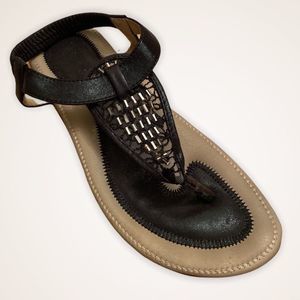 💫4/30 J.J’S Black Lace Jewelled Faux Leather Thong Sandals